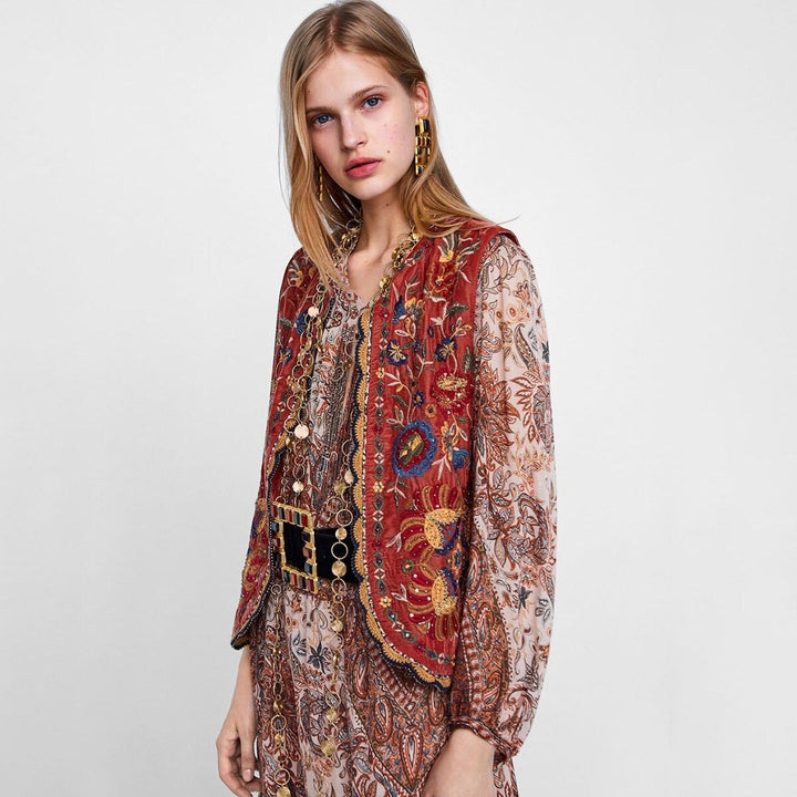 Uxía | Long Boho Vest for Women with Paisley Print and V-Neck