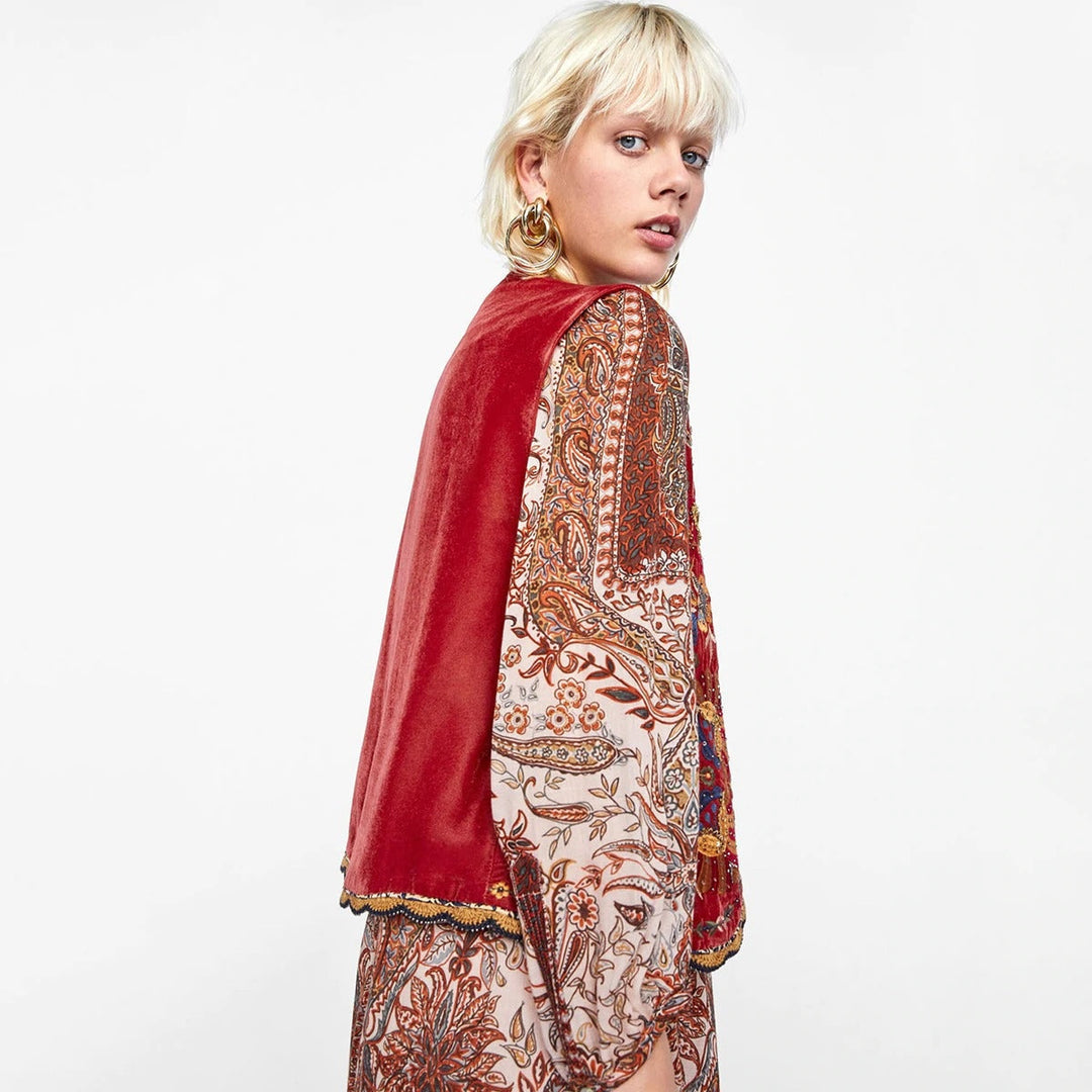 Uxía | Long Boho Vest for Women with Paisley Print and V-Neck