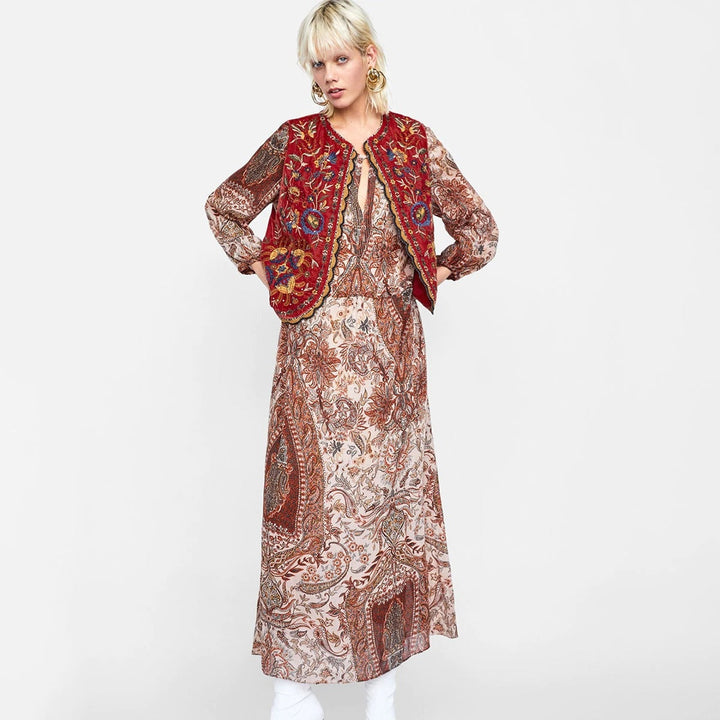 Uxía | Long Boho Vest for Women with Paisley Print and V-Neck