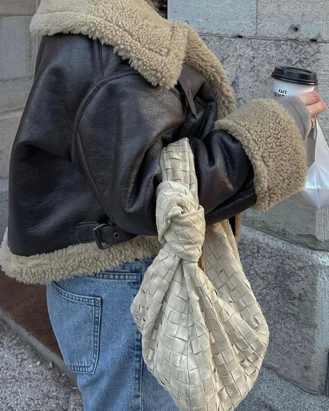 Brown faux leather aviator blazer for women