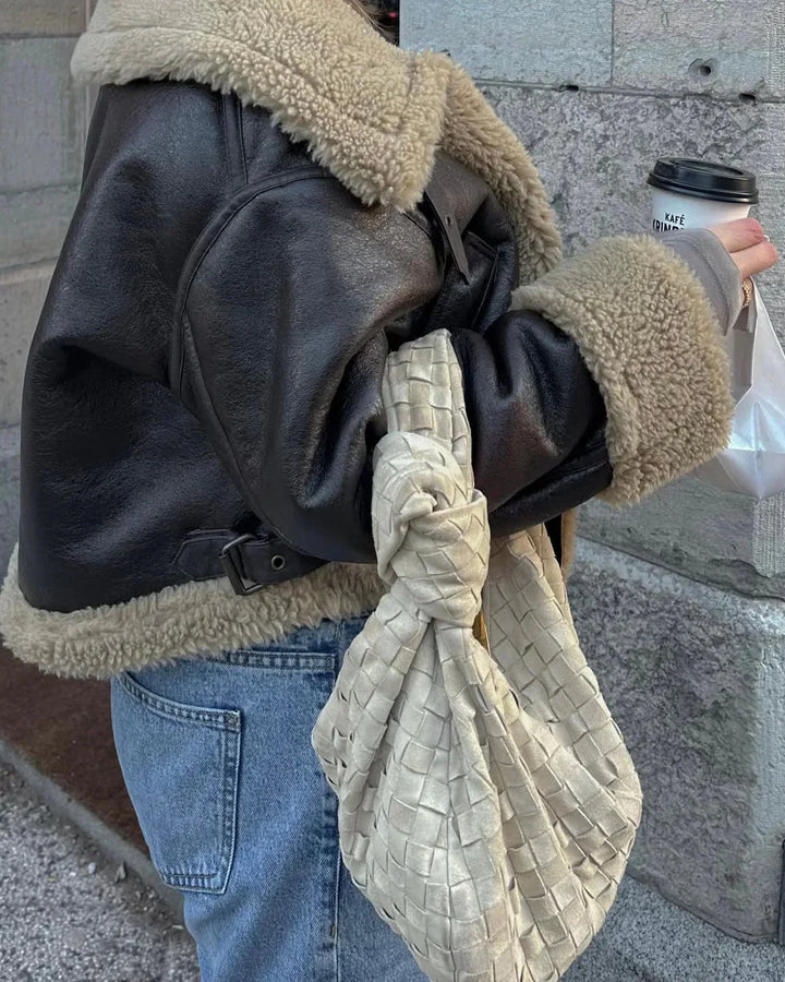 Brown faux leather aviator blazer for women