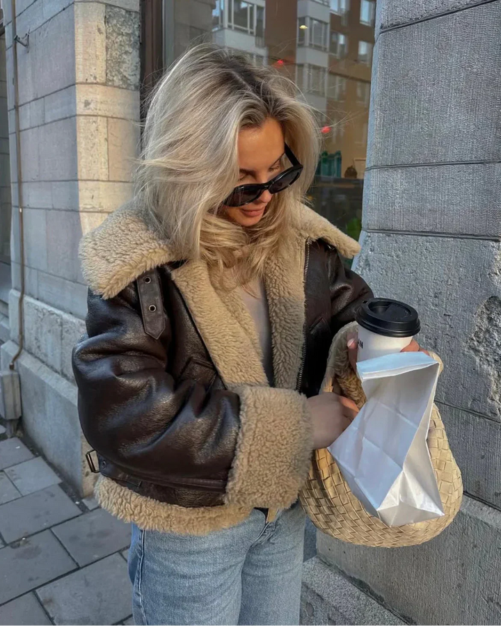 Brown faux leather aviator blazer for women