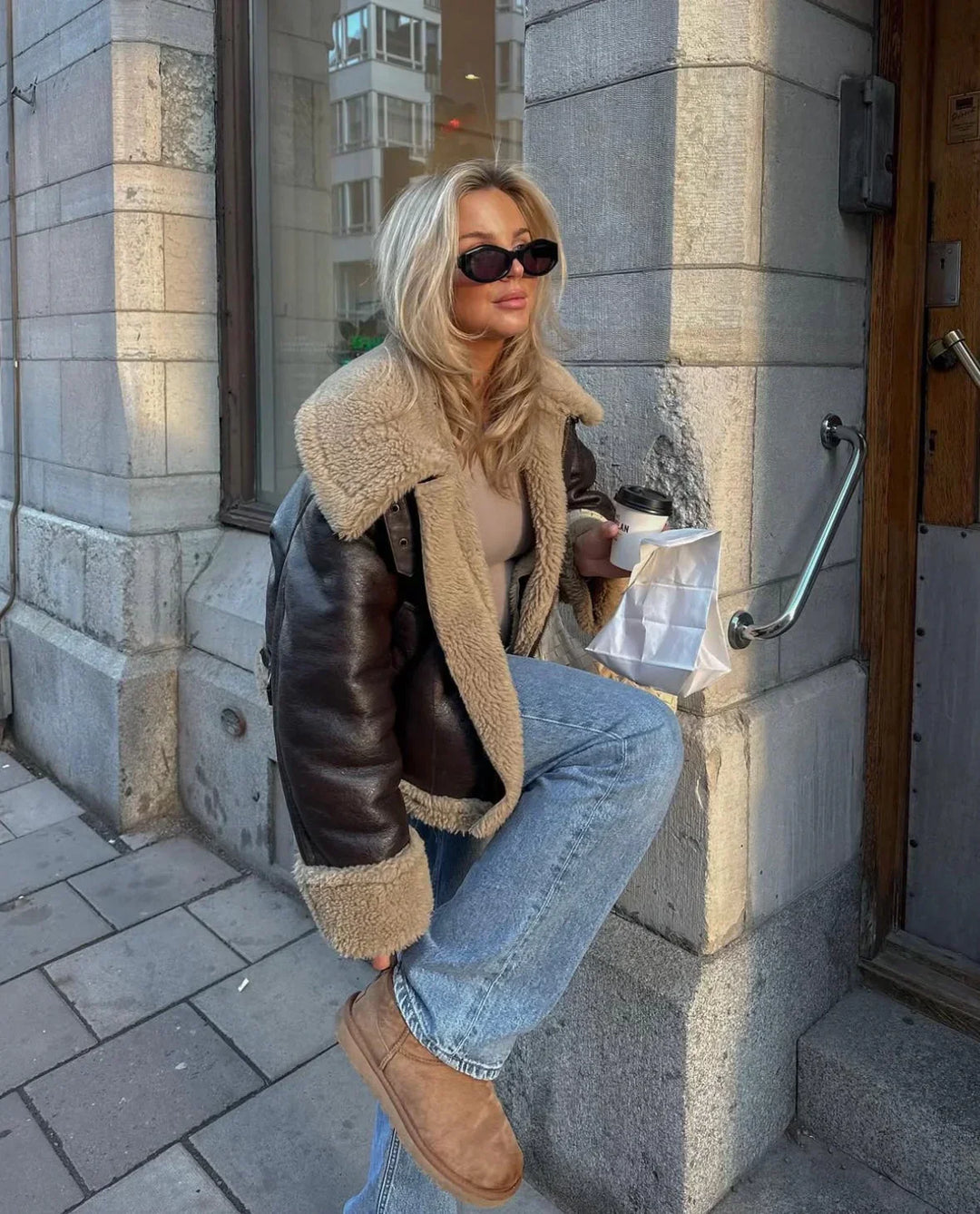 Brown faux leather aviator blazer for women