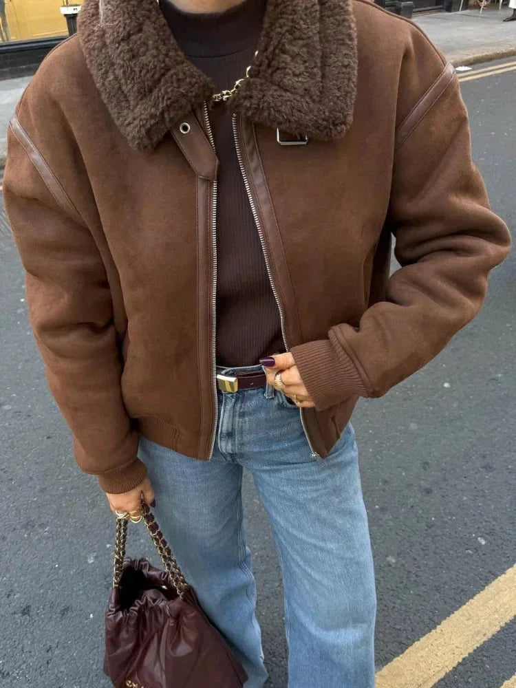 Brown aviator blazer for women with faux fur collar