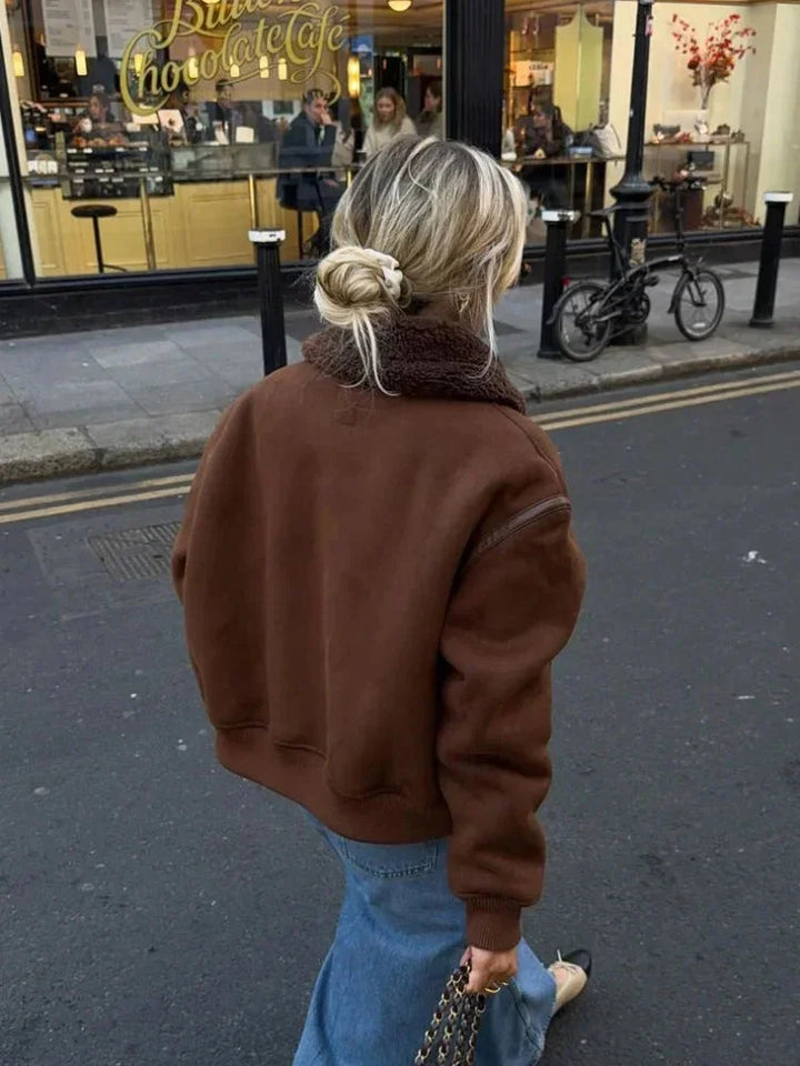 Brown aviator blazer for women with faux fur collar