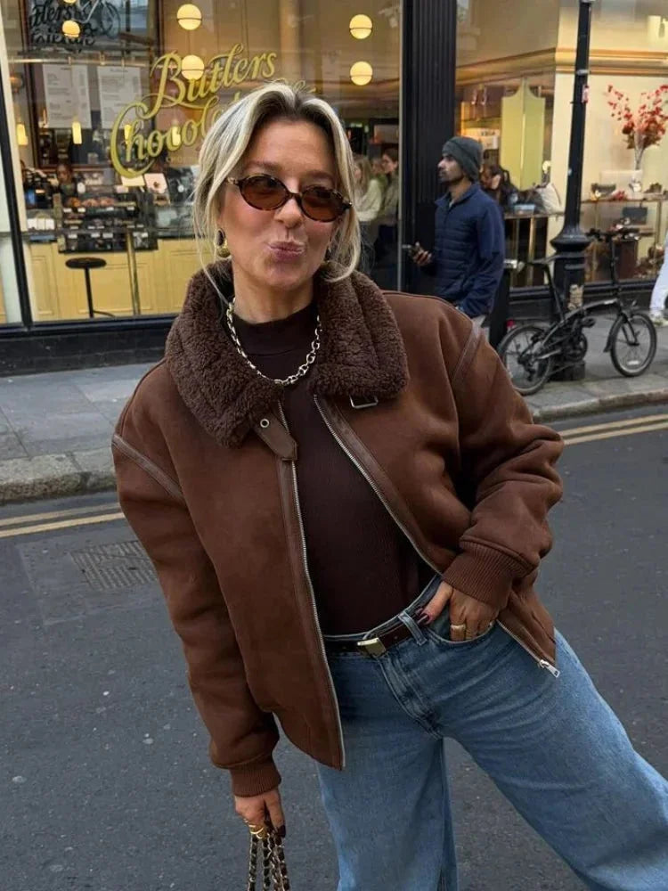 Brown aviator blazer for women with faux fur collar