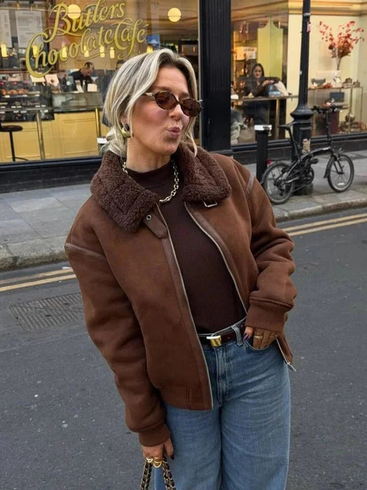 Brown aviator blazer for women with faux fur collar