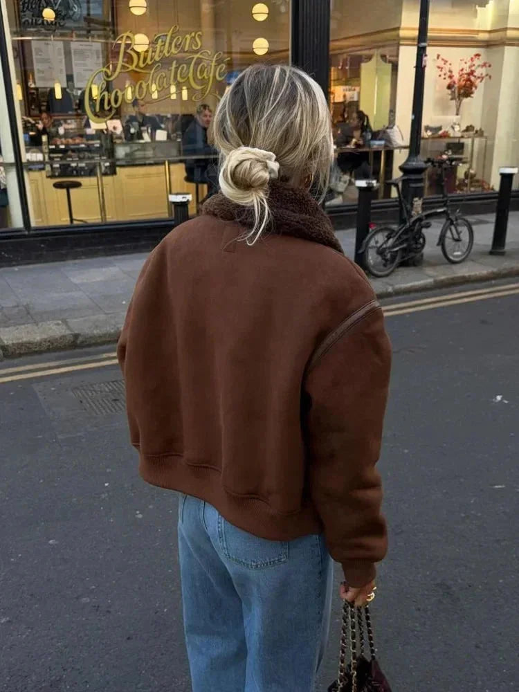 Brown aviator blazer for women with faux fur collar