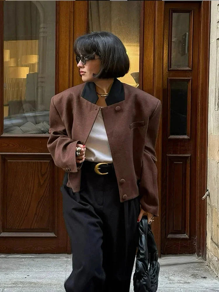 Short Brown Blazer Jacket for Women with Pockets and Collar