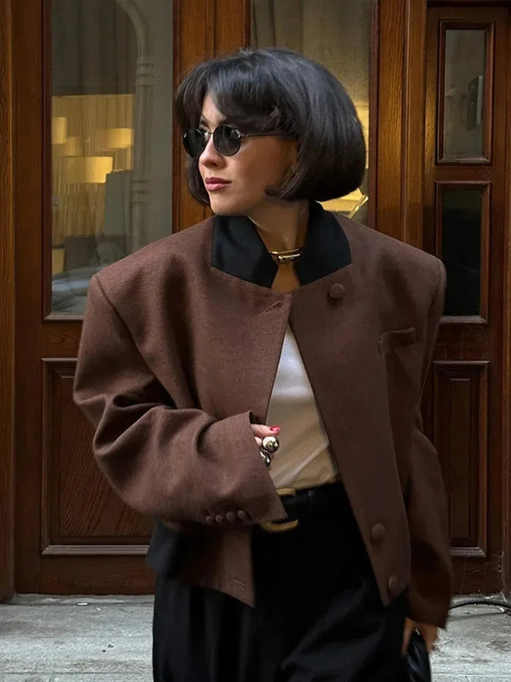 Short Brown Blazer Jacket for Women with Pockets and Collar
