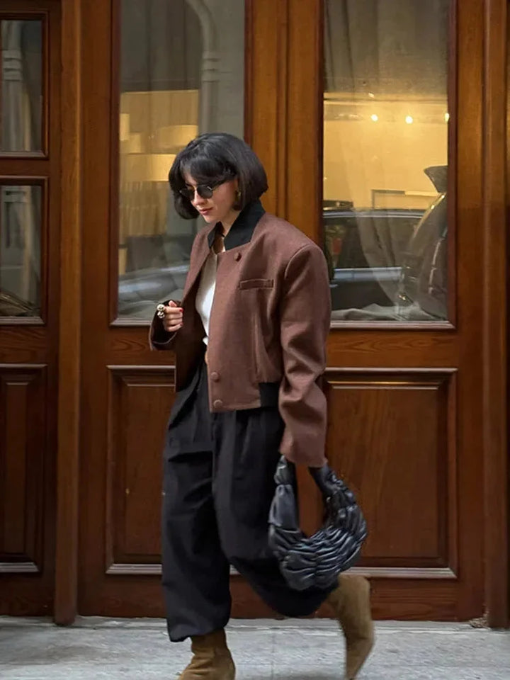 Short Brown Blazer Jacket for Women with Pockets and Collar