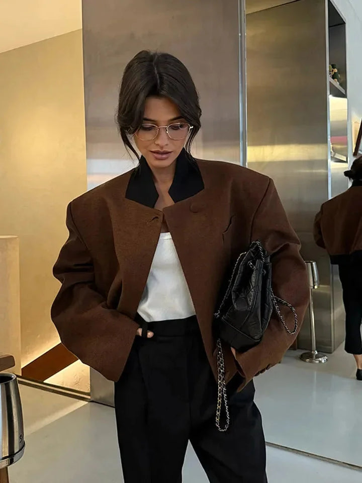 Short Brown Blazer Jacket for Women with Pockets and Collar