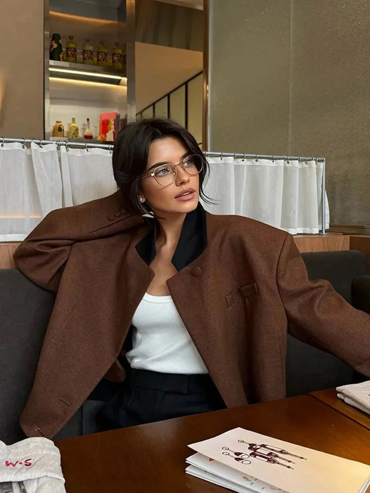 Short Brown Blazer Jacket for Women with Pockets and Collar