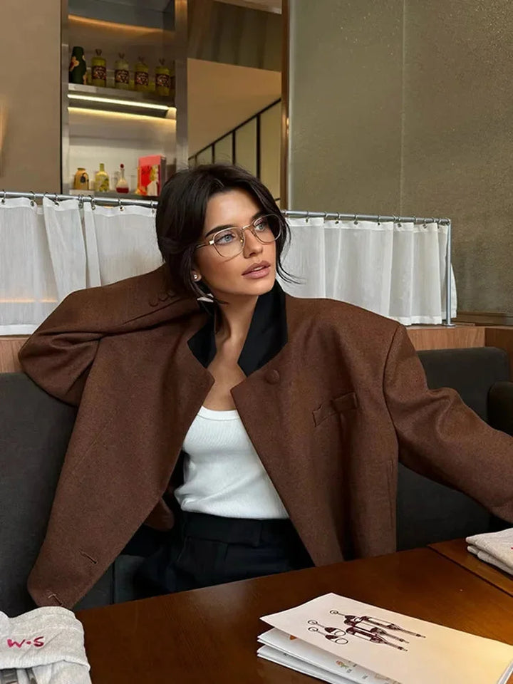 Short Brown Blazer Jacket for Women with Pockets and Collar
