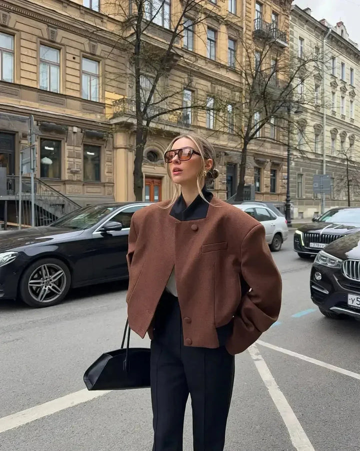 Short Brown Blazer Jacket for Women with Pockets and Collar