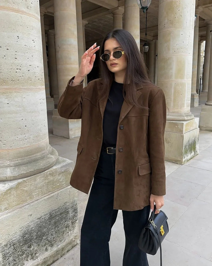 Women's Brown Suede Blazer with Pockets