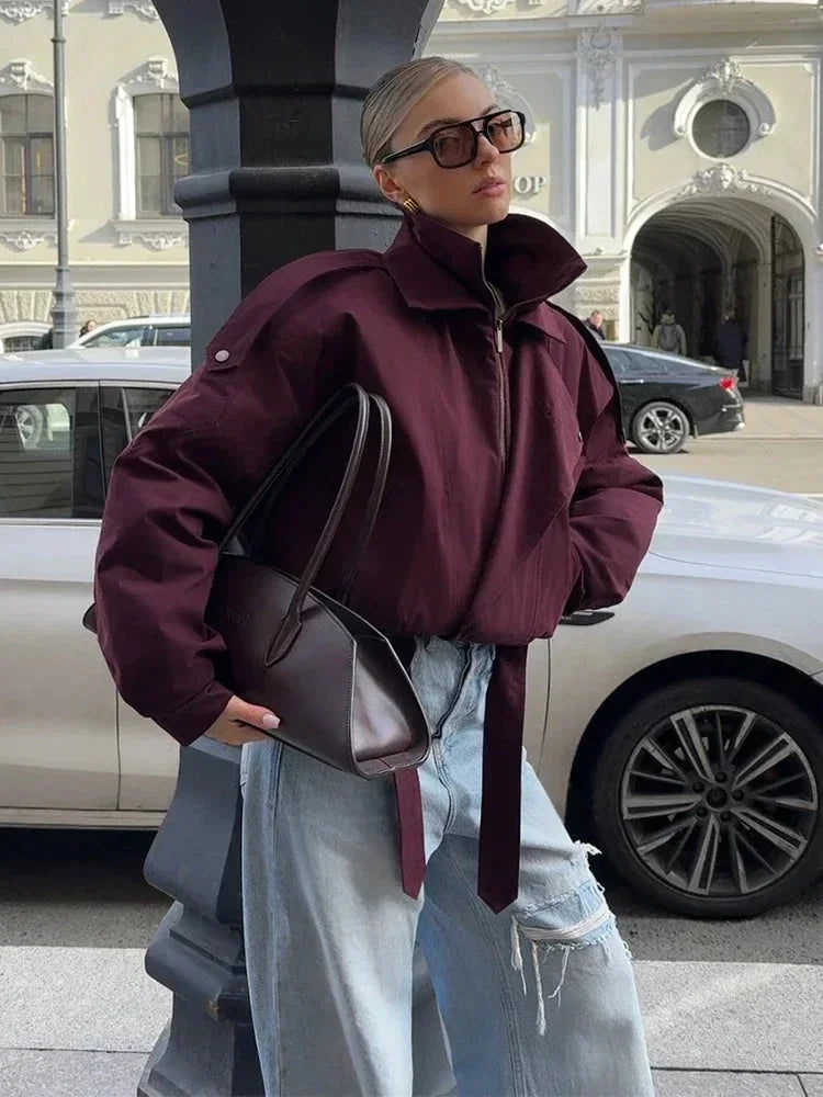 Women's Burgundy Bomber Blazer with a High Collar and Pockets