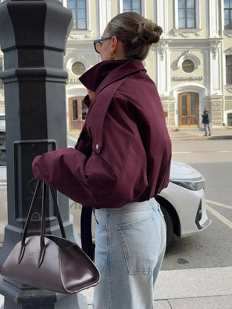 Women's Burgundy Bomber Blazer with a High Collar and Pockets