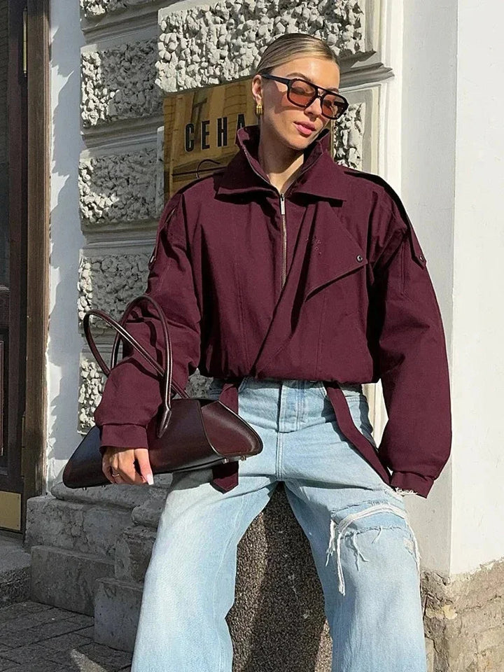 Women's Burgundy Bomber Blazer with a High Collar and Pockets
