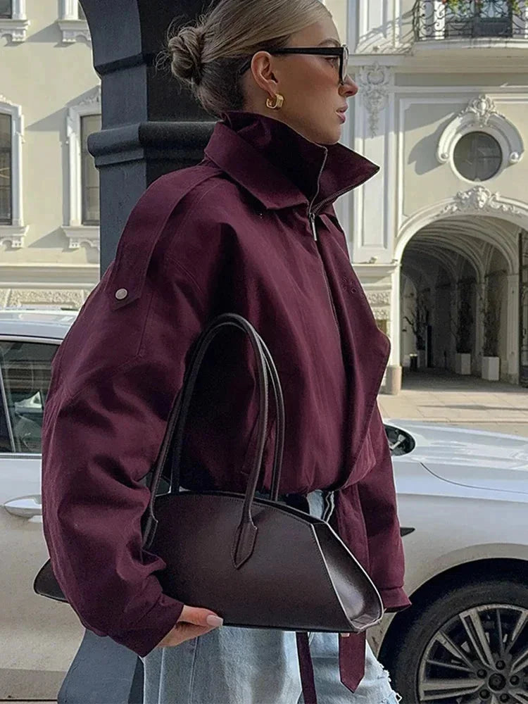 Women's Burgundy Bomber Blazer with a High Collar and Pockets