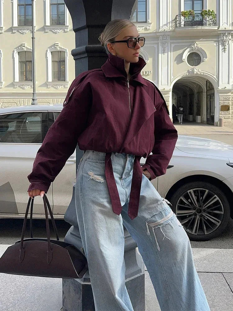 Women's Burgundy Bomber Blazer with a High Collar and Pockets