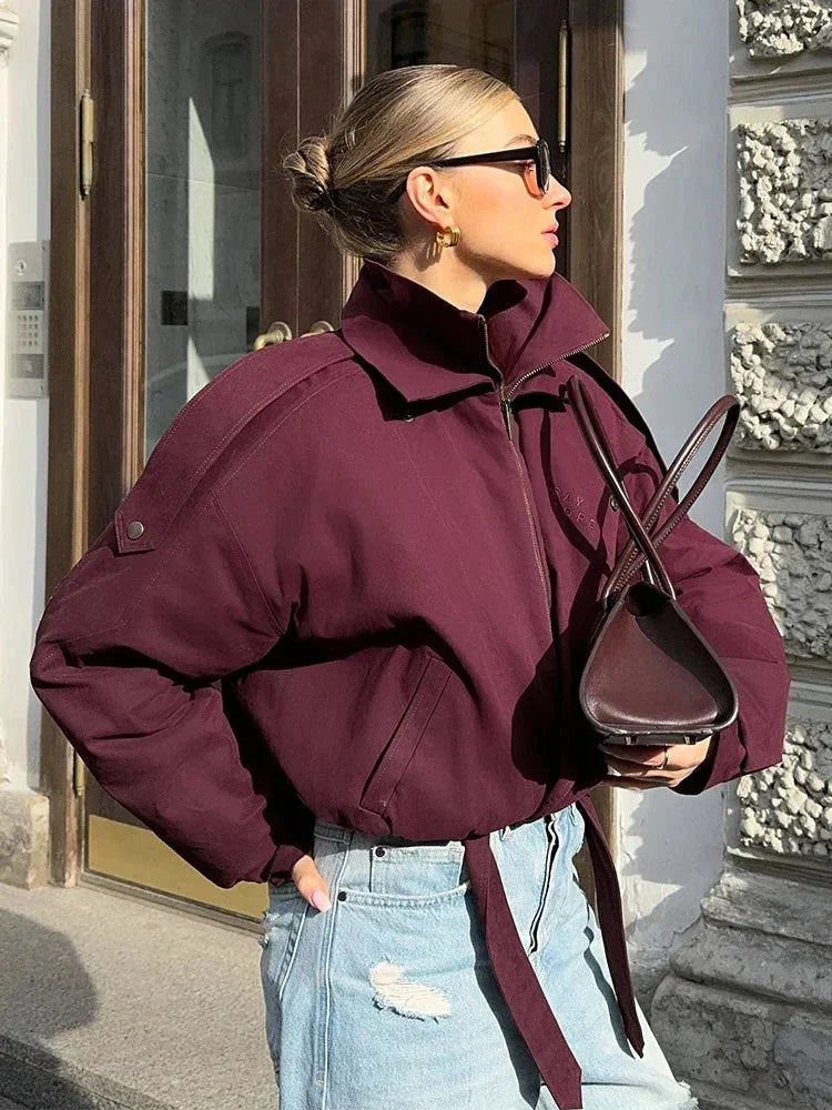 Women's Burgundy Bomber Blazer with a High Collar and Pockets