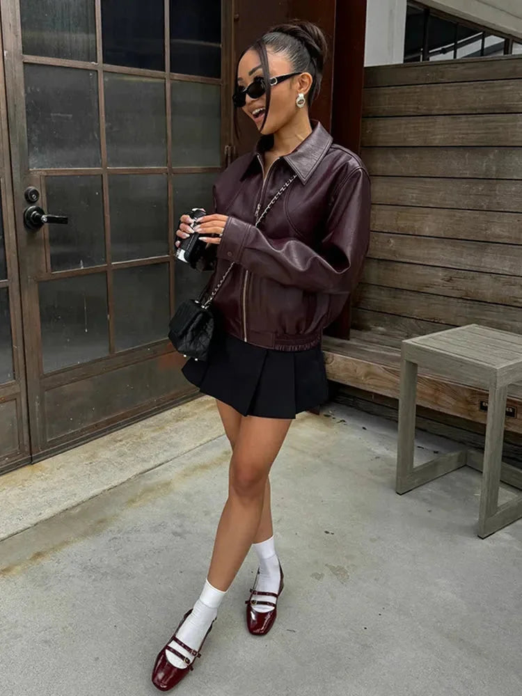 Burgundy Bomber Blazer for Women in Elegant Faux Leather