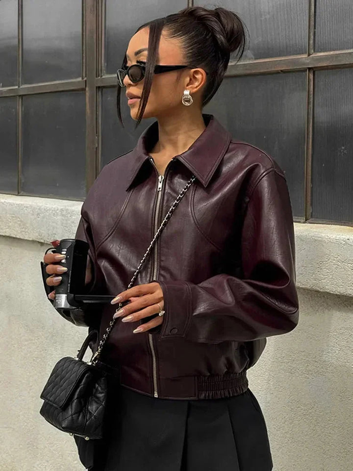 Burgundy Bomber Blazer for Women in Elegant Faux Leather