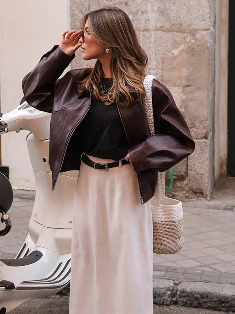Burgundy Bomber Blazer for Women in Elegant Faux Leather