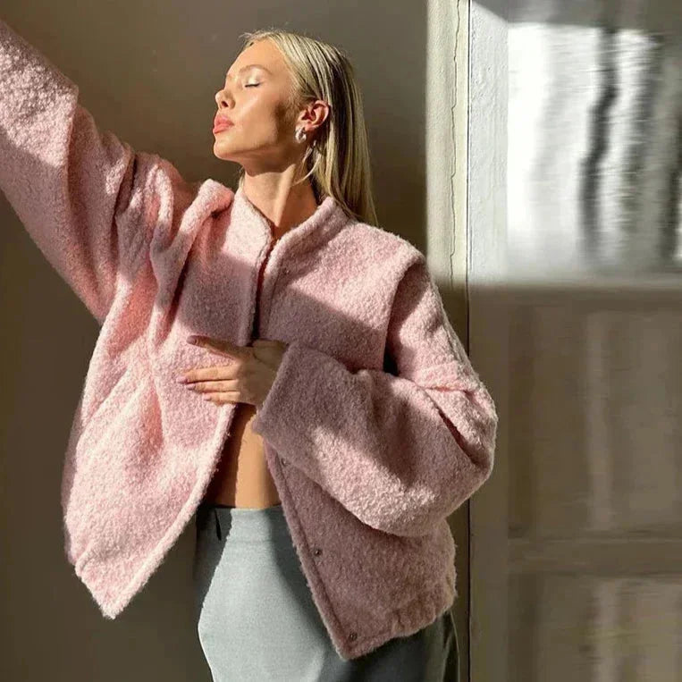 Pink bomber blazer for women in teddy material