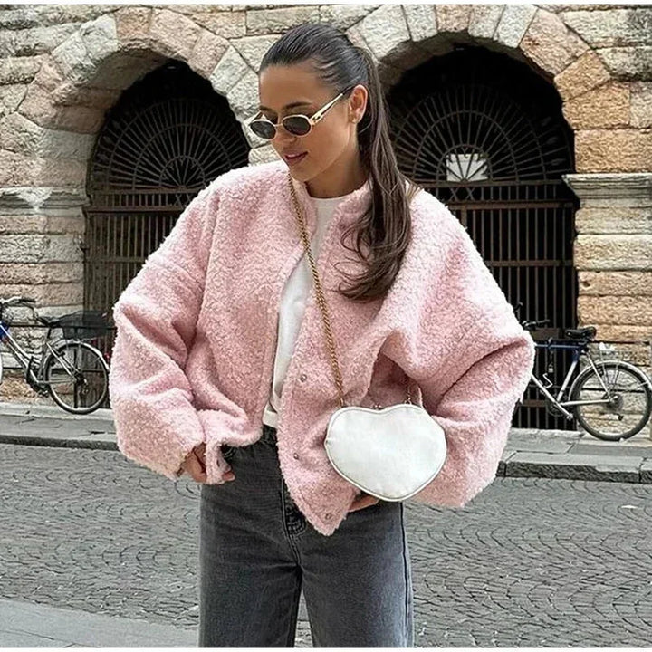 Pink bomber blazer for women in teddy material