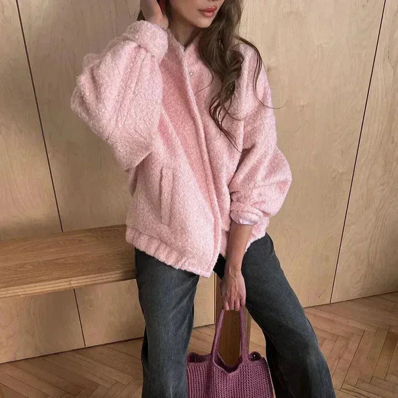 Pink bomber blazer for women in teddy material