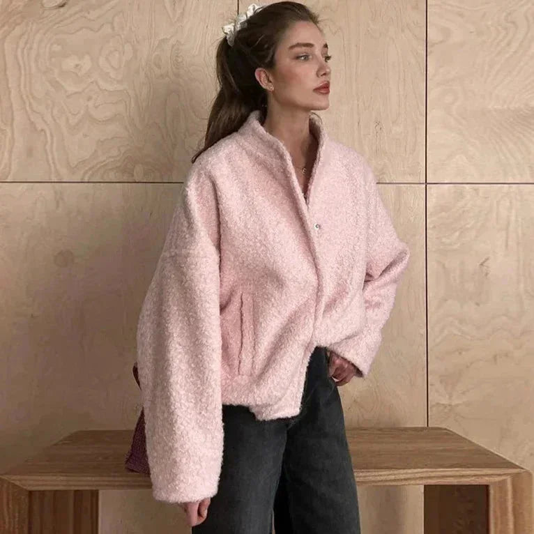 Pink bomber blazer for women in teddy material