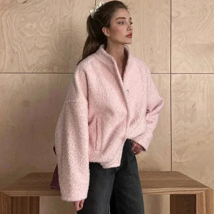 Pink bomber blazer for women in teddy material