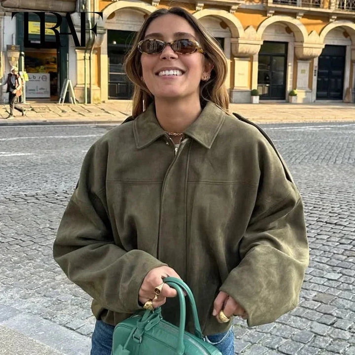 Oversized Women's Bomber Blazer with Zipper