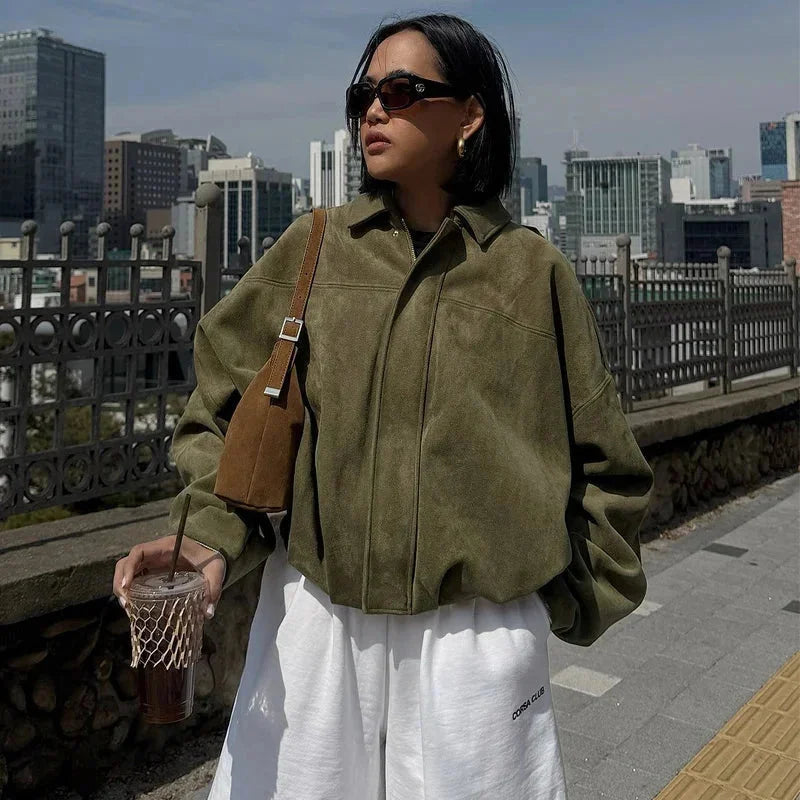 Oversized Women's Bomber Blazer with Zipper