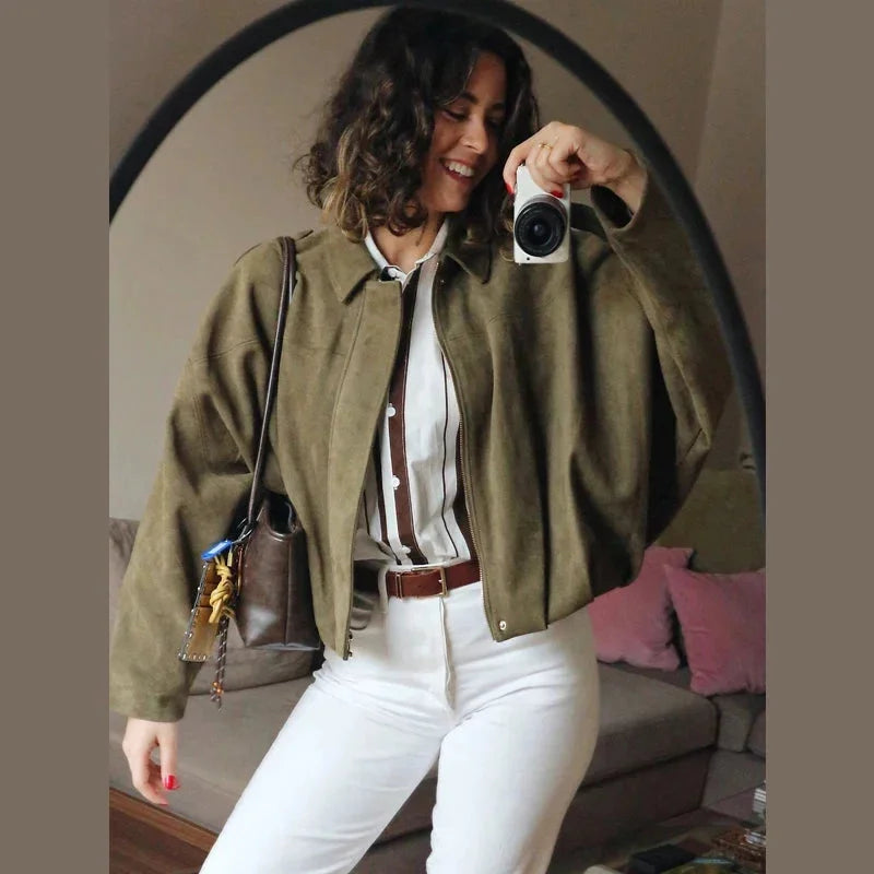 Oversized Women's Bomber Blazer with Zipper