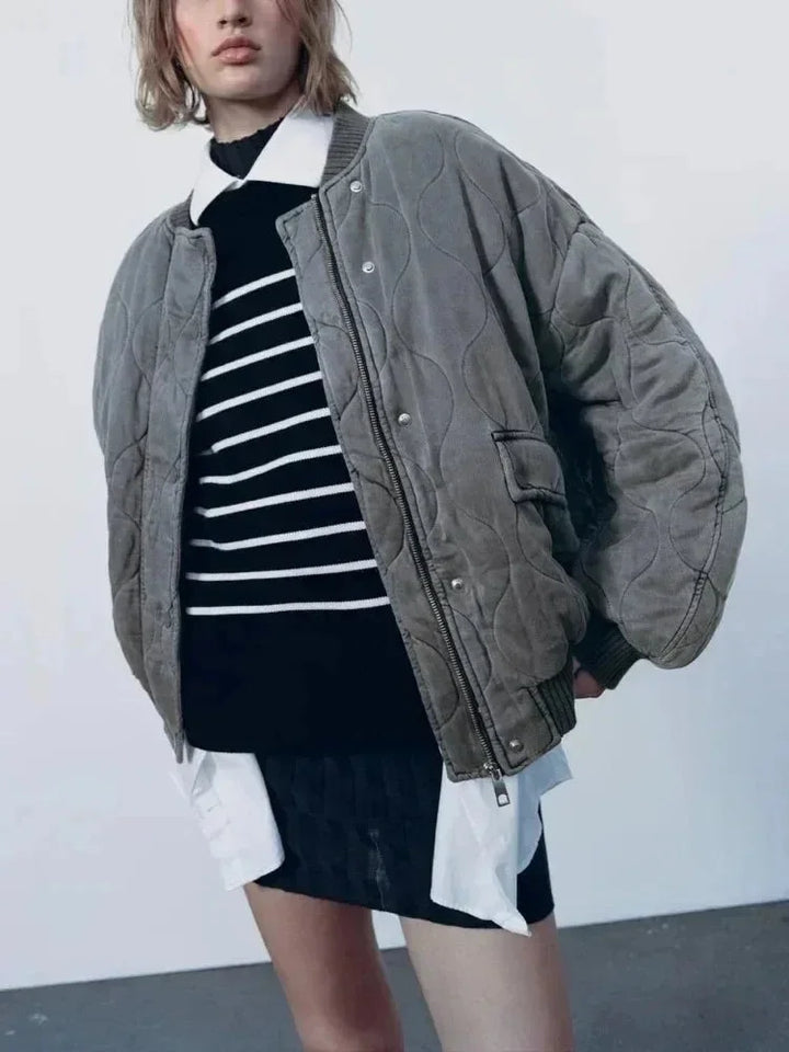 Oversized quilted bomber blazer for women with snap buttons