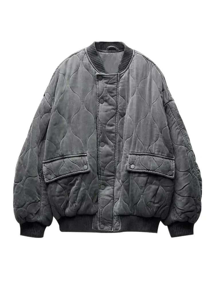 Oversized quilted bomber blazer for women with snap buttons