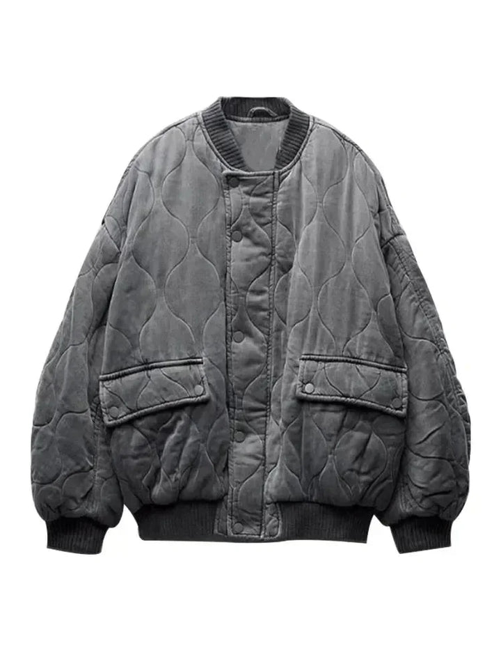 Oversized quilted bomber blazer for women with snap buttons