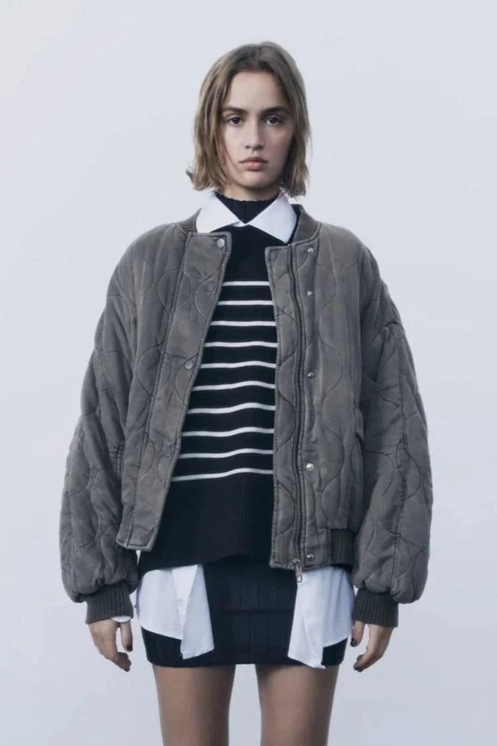 Oversized quilted bomber blazer for women with snap buttons