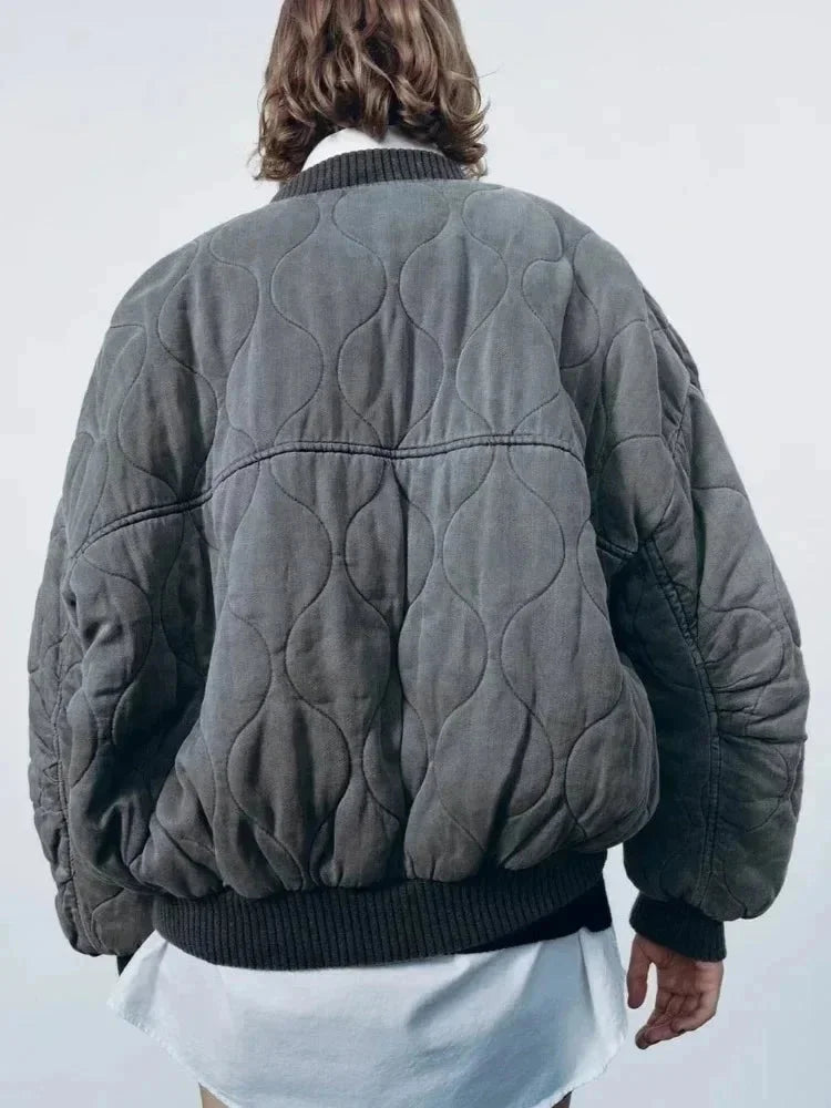 Oversized quilted bomber blazer for women with snap buttons
