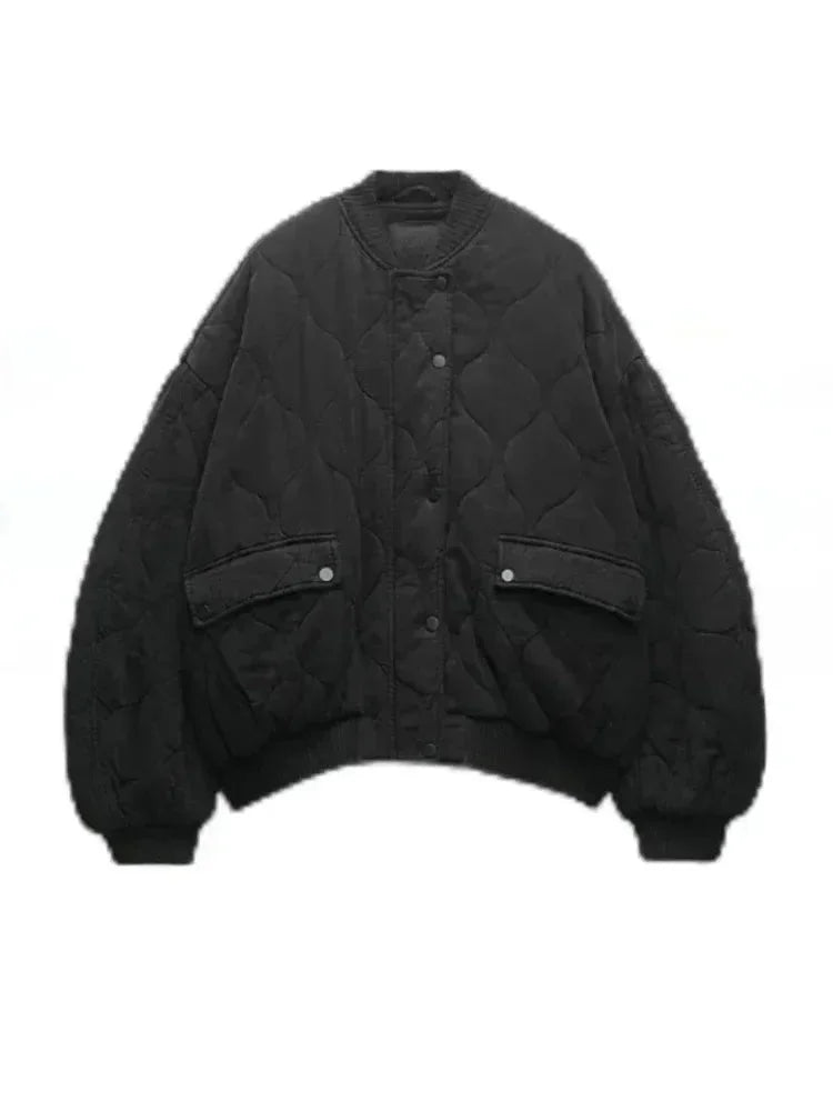 Oversized quilted bomber blazer for women with snap buttons