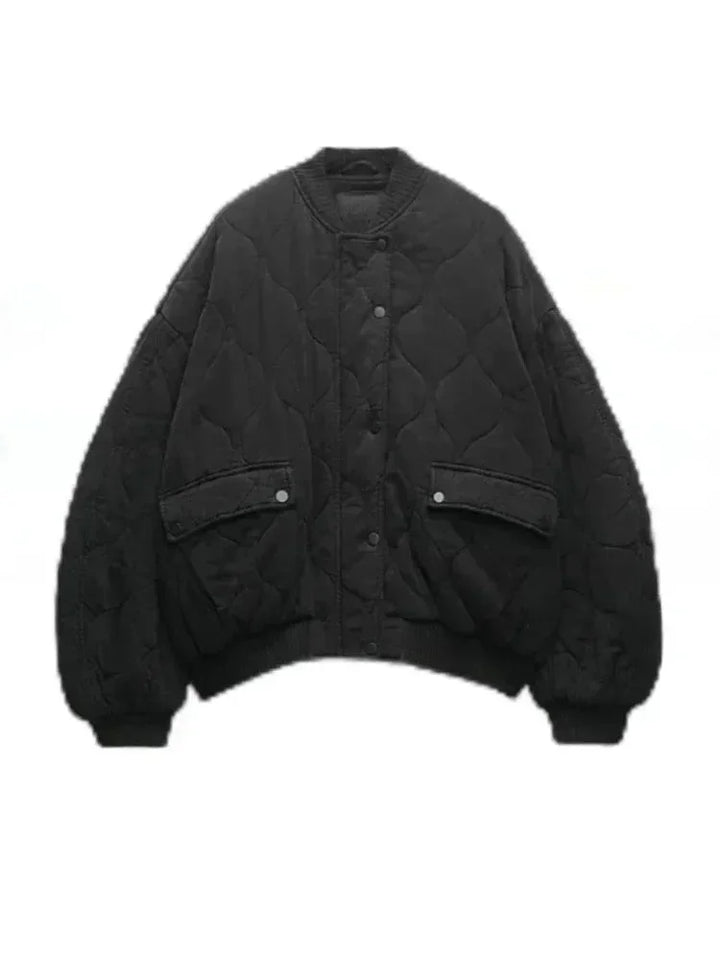 Oversized quilted bomber blazer for women with snap buttons