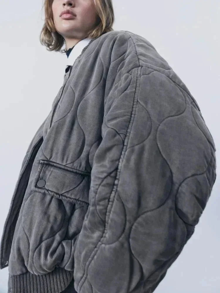Oversized quilted bomber blazer for women with snap buttons