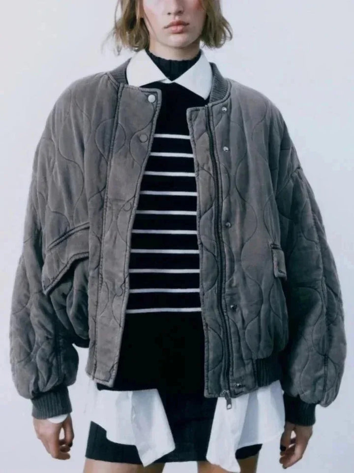 Oversized quilted bomber blazer for women with snap buttons
