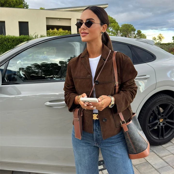 Elegant short brown suede women's blazer