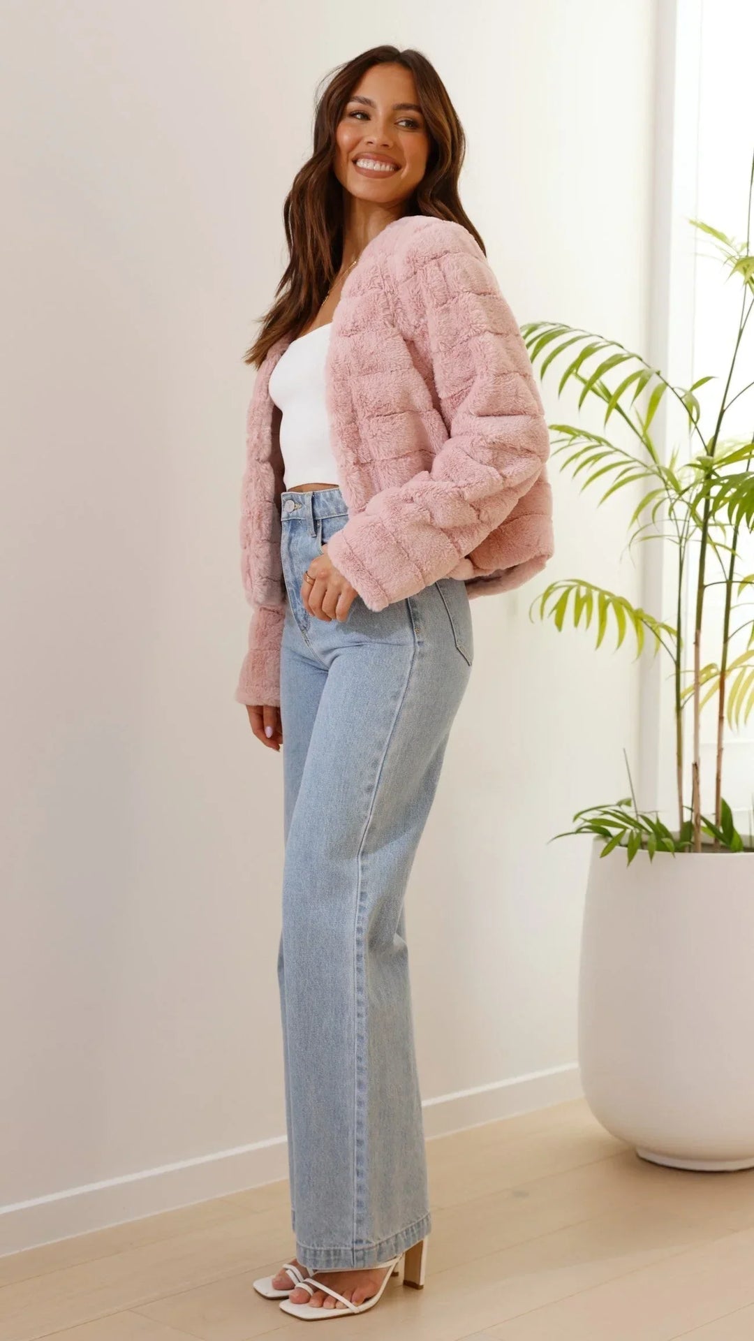 Women's Short Faux-Fur Blazer with Open Collar