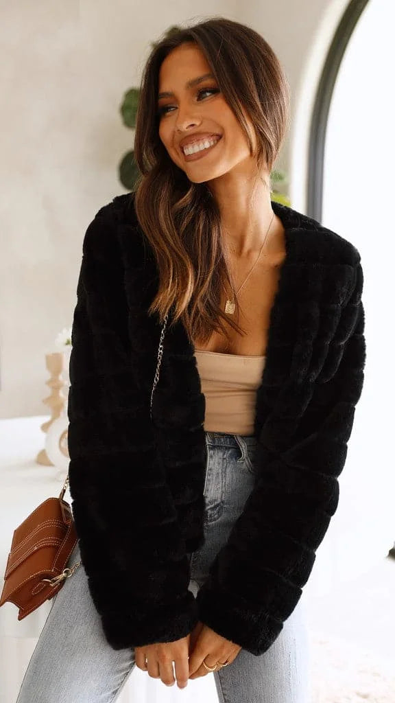 Women's Short Faux-Fur Blazer with Open Collar