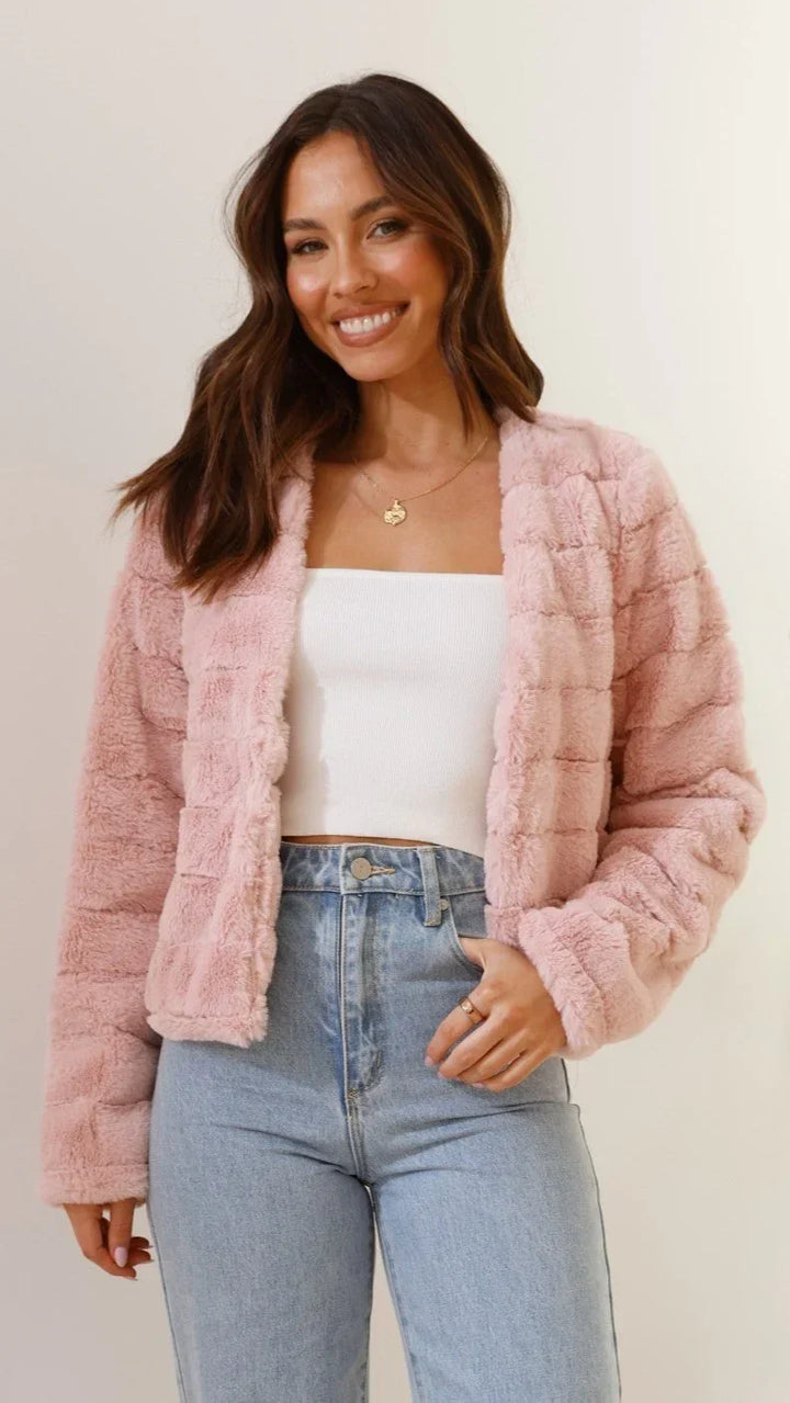 Women's Short Faux-Fur Blazer with Open Collar